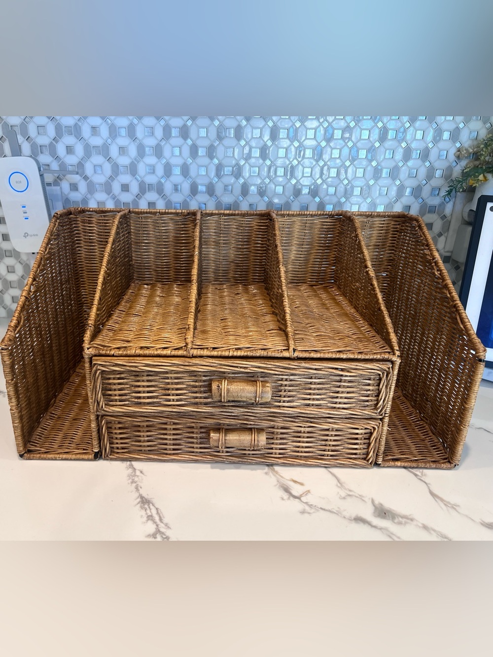 Vintage Natural Wicker Desk Caddie w/ 2 Drawers Approx 20" x 12"